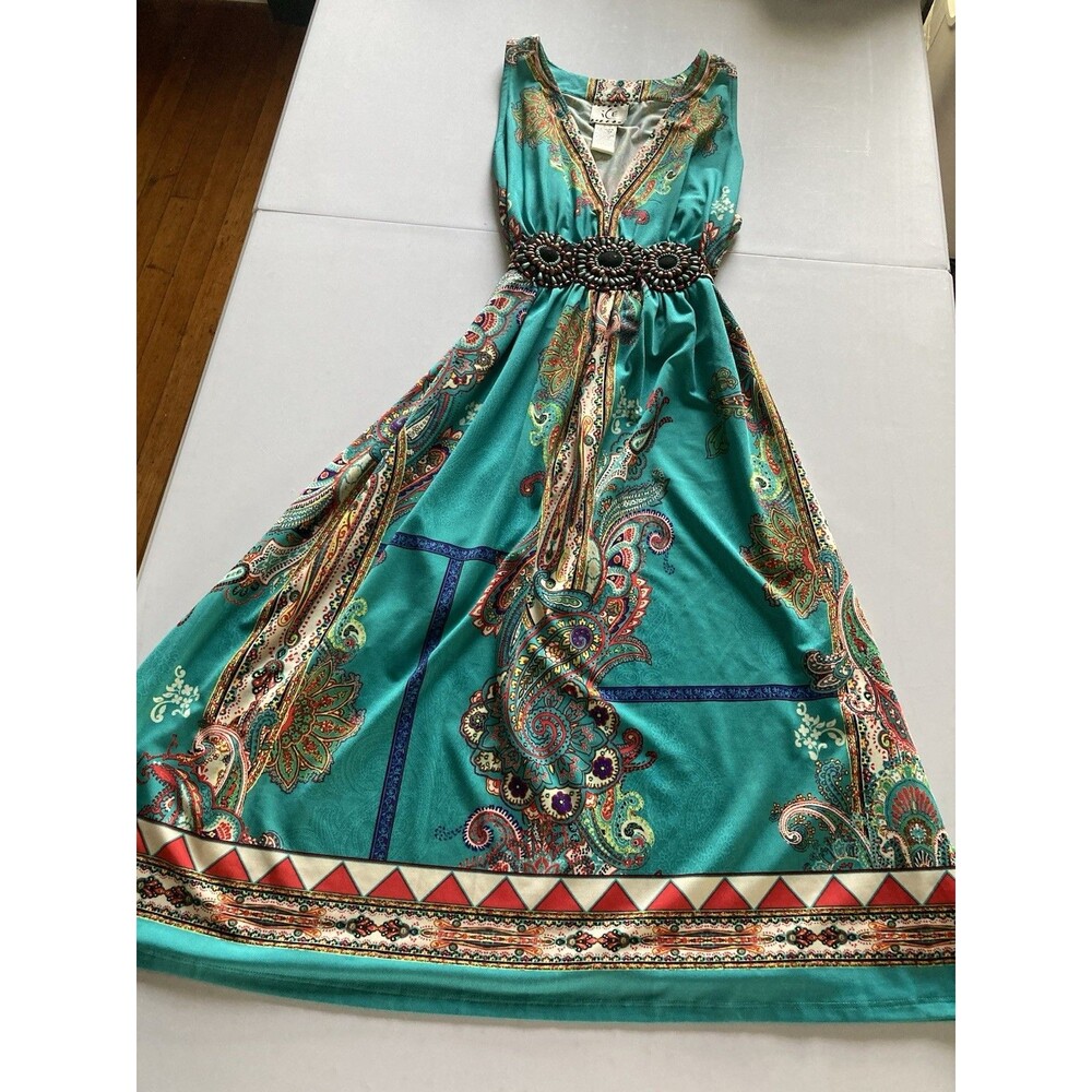 ICE VTG Y2K Dress Size 12 Embellished Waist Tie Paisley Green Good Condition